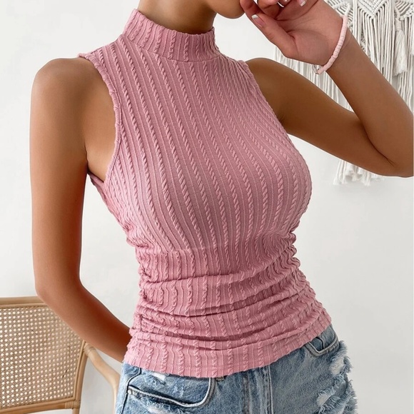 Pink Fitted Ribbed Knit Mock Neck Tank Top - Picture 4 of 5